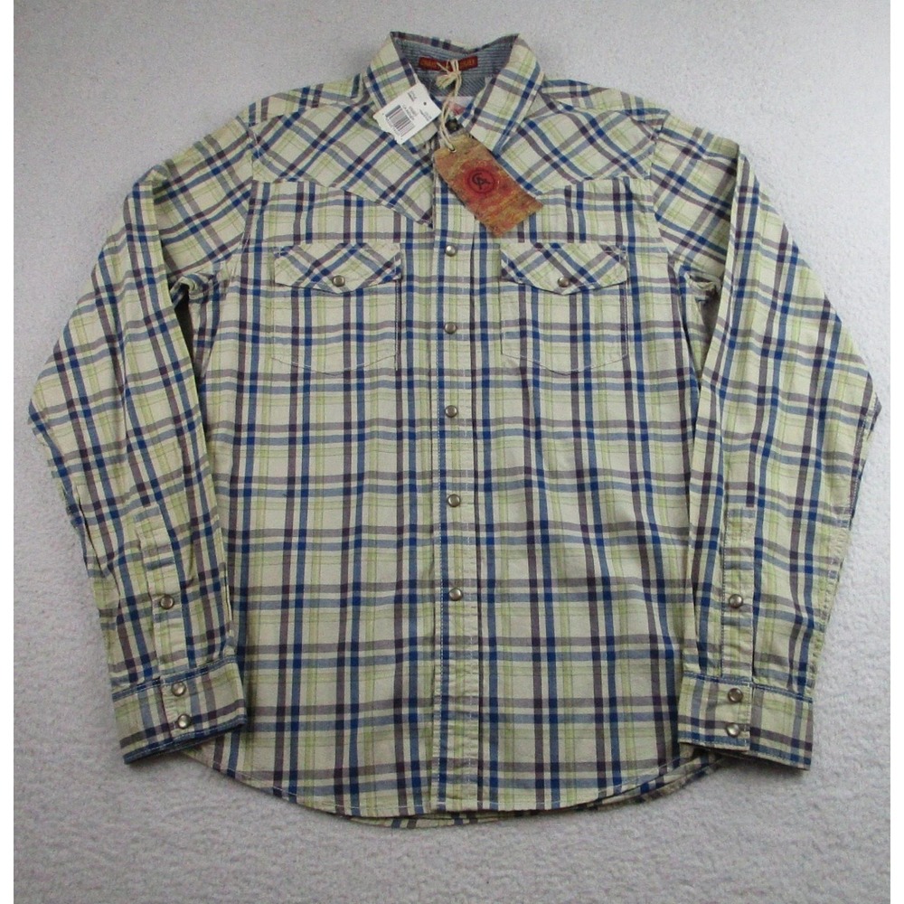 NWT Christian Audigier Shirt Mens Small Blue Green Plaid Western‎ Pearl Snap S